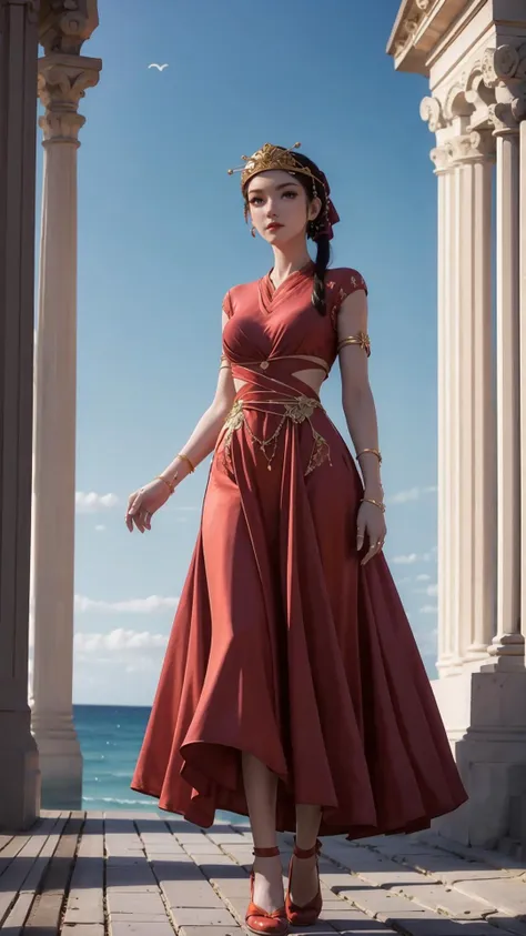 a woman in a red dress standing on a walkway near the ocean