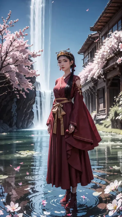 a woman in a red dress standing in a pond with a waterfall