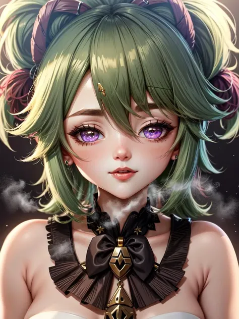 closeup, closeup shot, face, detailed eyes, extreme details, shiny, shiny hair, shiny clothes, <lora:kuki_shinobu-000013:1> kuki shinobu (genshin impact), hair_ornament, green_hair, genshin_impact, 1girls,