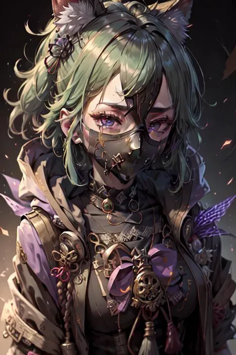 ((masked_female)), purple eyes, closeup, face, detailed eyes, shiny hair, shiny, shiny clothes, extreme details, masterpiece, slight smile, hair_ornament, <lora:kuki_shinobu-000013:.55> kuki shinobu (genshin impact), green_hair, 
 <lora:CyberpunkStyleV1:.8...