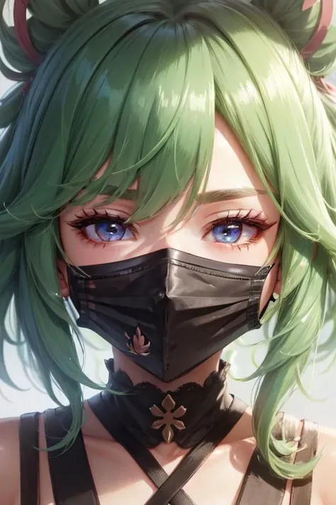 ((mask)), closeup, face, detailed eyes, shiny hair, shiny, shiny clothes, extreme details, masterpiece, slight smile, hair_ornament, <lora:kuki_shinobu-000013:.55> kuki shinobu (genshin impact), green_hair,