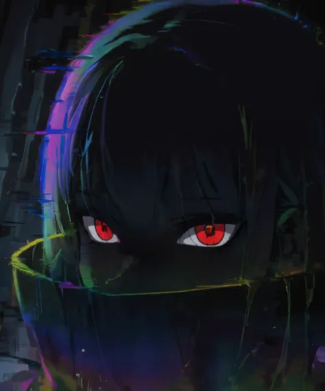 anime girl with red eyes and black hair in a dark room