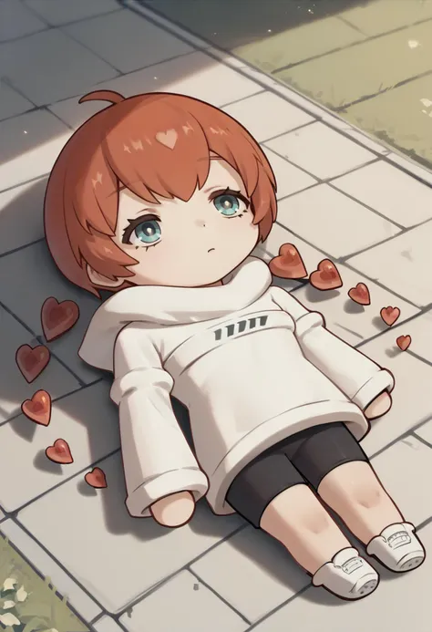 anime girl laying on the ground with hearts scattered around her