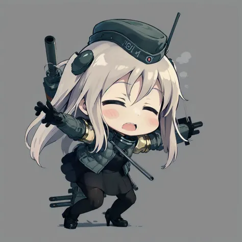 underwater, bomb, torpedo, full body, long shot,
closed eyes, stretch arm, explosion, 
chibi, u-511 (pump), military uniform, garrison cap, cropped jacket, puffy sleeves, long sleeves, gloves, black_dress, black pantyhose, high heels, machinery, rigging,
<...