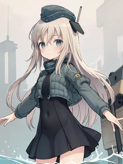 masterpiece, best quality, 1girl, solo, <lora:kancolle-u500(pump):0.8>, u-511(pump), military uniform, garrison cap, cropped jacket, black_dress, <lora:shi2:0.5>, underwater, standing, sliding,