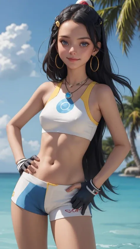 nessa, shorts, bikini, necklace, crop top, single glove, jewelry, hand on hip, gloves, midriff, looking at viewer, eyeshadow, navel, belly chain, very long hair, armlet, hoop earrings, floating hair, single hair bun, poke ball, swimsuit, poke ball (basic),...