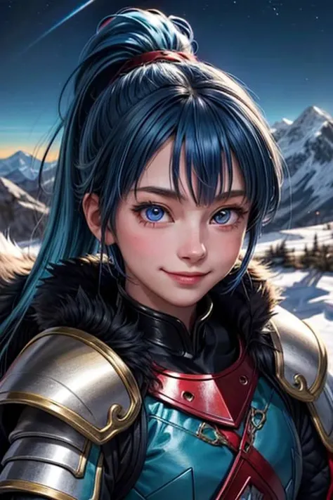 vibrant colors, girl, masterpiece, sharp focus, best quality, depth of field, cinematic lighting, ponytail, blue hair, red eyes, fur armor, mountain, bright smile, night sky,