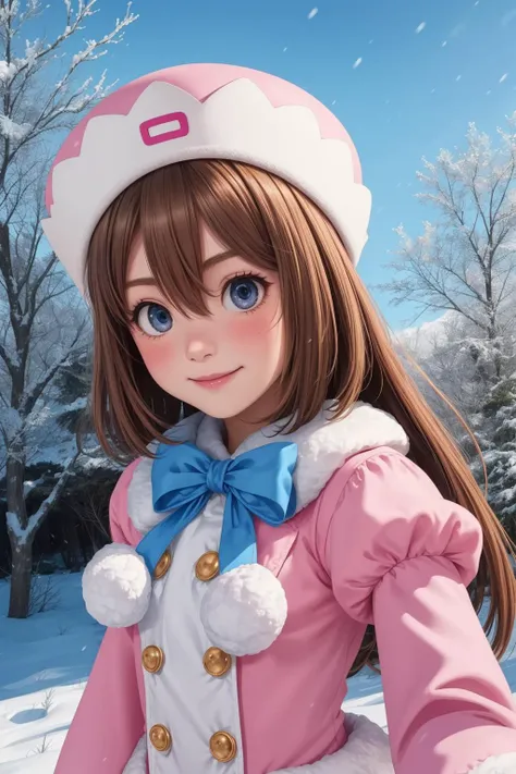 ram, 1girl, solo, blue eyes, long hair, brown hair, hair between eyes, bangs, 
pink coat, long sleeves, blue bow, puffy sleeves, juliet sleeves, white pantyhose, fur-trimmed sleeves, fur-trimmed coat, pink hat,
smile,closed mouth,cowboy shot,upper body,
fo...