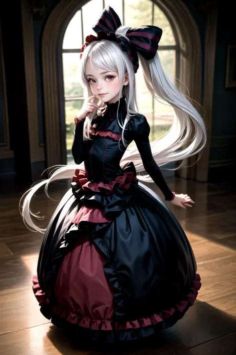 <lora:shalltear:0.9>,1girl,shalltear bloodfallen,solo,bow,smile,blush,(red eyes:1.33),(white hair:1.21),(pale skin:1.1),(shalltearcostume:1.21),(very long hair:1.21),(fang:1.1),cute pose,serious expression,castle scenery,dress,<lora:more_details:0.5>,sharp...