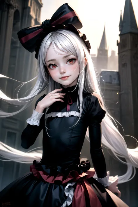 <lora:shalltear:0.9>,1girl,shalltear bloodfallen,solo,bow,smile,blush,(red eyes:1.33),(white hair:1.21),(pale skin:1.1),(shalltearcostume:1.21),(very long hair:1.21),(fang:1.1),sexy pose,serious expression,castle scenery,dress,<lora:more_details:0.5>,, hig...