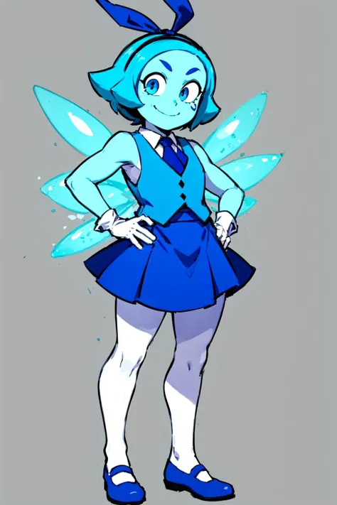 < aquam, blue hair, teardrop facial mark, 1girl, solo, hair bow, blue skin, sleeveless, white gloves, blue skirt, cirno, blue eyes, smile, looking at viewer, short hair, blue footwear,simple background,standing, hand on hip, <lora:aquamarine4:0.7>