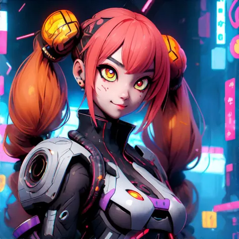 <lora:cybergo:0.8>, saibo, cyberpunk, 1girl, hazel low twintails, amber eyes, happy expression, masterpiece, 8k, high resolution, shallow depth of field, sharp focus