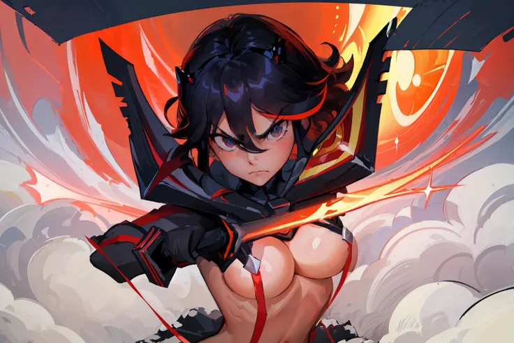 ((best quality)), ((highly detailed)), masterpiece, ((official art)), detailed face, beautiful face, (detailed eyes, deep eyes), (1girl:1.33, solo), <lora:ryuko:0.9>, ryuko matoi, (((serious expression))), junketsu, revealing clothes, clothing cutout, clea...