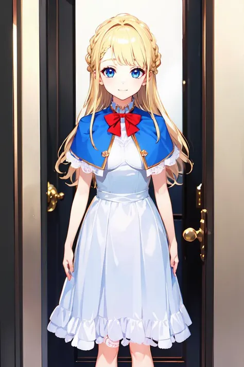 ultra detailed, masterpiece, best quality,
solo, soft smile, light smile,
1girl, blue eyes, very long hair, blonde hair, long blonde hair, french braid, bangs, medium breasts,
hair ribbon,  <lora:capeletnew:1> capelet, layered clothes, white dress,