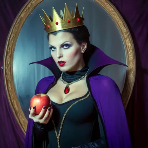 Horror-themed,  <lora:Evil Queen2:1.2>
Evil Queen a red lips hot woman dressed as evil queen purple costume and black cape and golden crown holding an apple with perfect polished nails while posing behind a big magic mirror
 <lora:nsfw-xl-2.0:1>, Eerie, un...