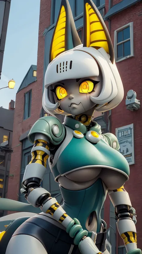 RoboFortune,crop top,yellow slit pupils,cat tail,robot animal ears,navel,standing,upper body,serious,underboob,(insanely detailed, beautiful detailed face, masterpiece, best quality),<lora:RoboFortune-10v7:0.7>,outside,building,