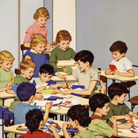 there are many children sitting at a table with pencils and paper