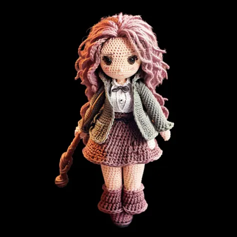 there is a crocheted doll with a pink hair and a green jacket