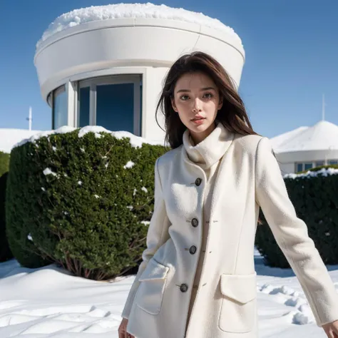 arafed woman in white coat and black pants standing in snow