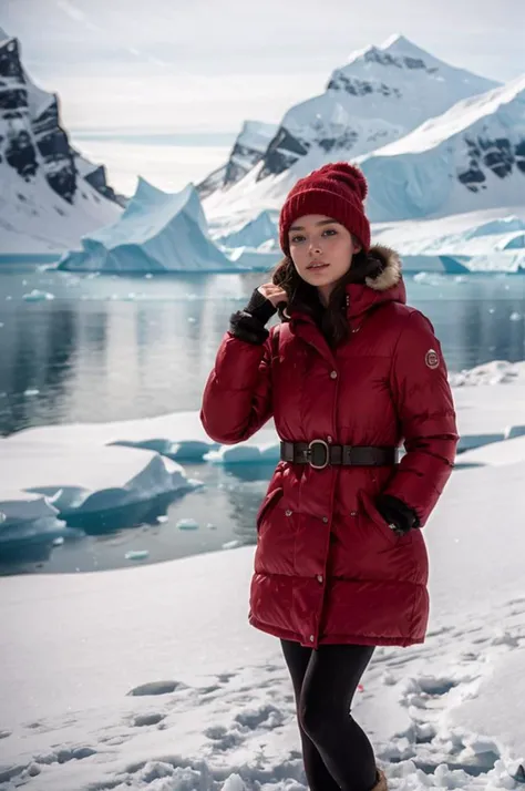 arafed woman in red coat standing on snow covered ground next to water