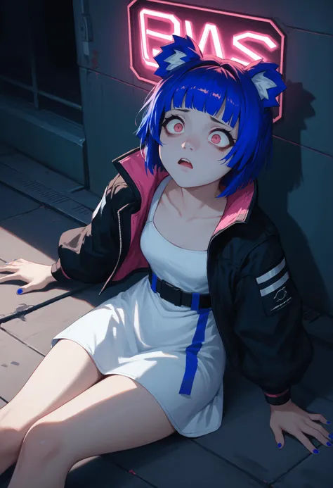 anime girl with blue hair and blue eyes sitting on the ground