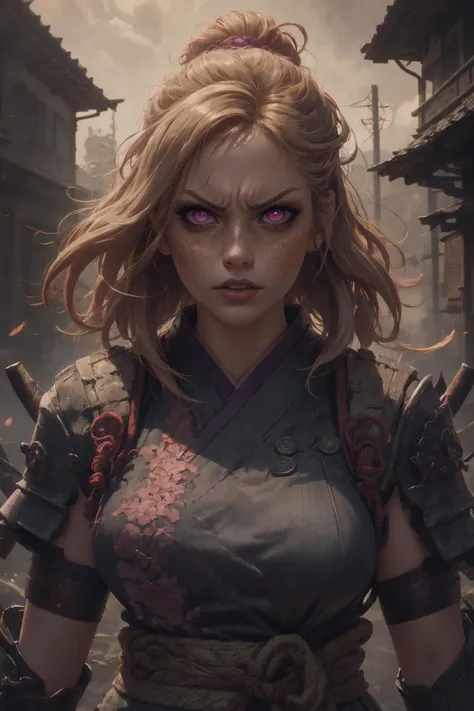 a woman with purple eyes standing in a ruined city