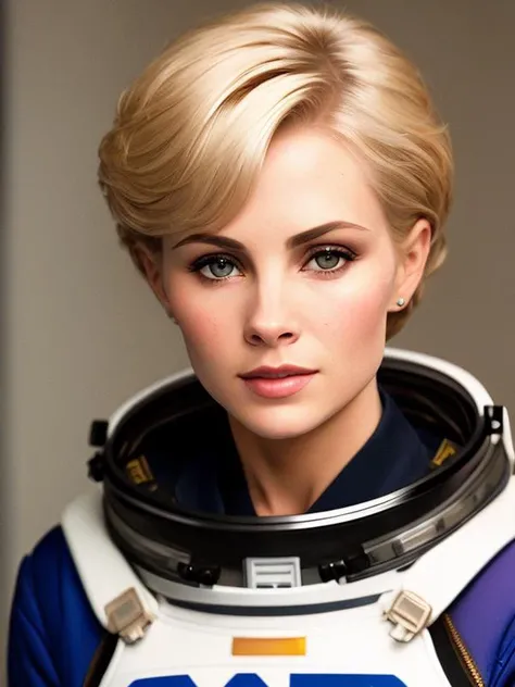 photo of short haired blonde (TriciaPoe:0.99) wearing a purple space suit, with gold accents, with a large oxygen tank on their back,  detailed face, realistic skin, high quality, (brown eyes:1.1), Leica 50mm, f1. 4, natural light, grainy, (high detailed s...