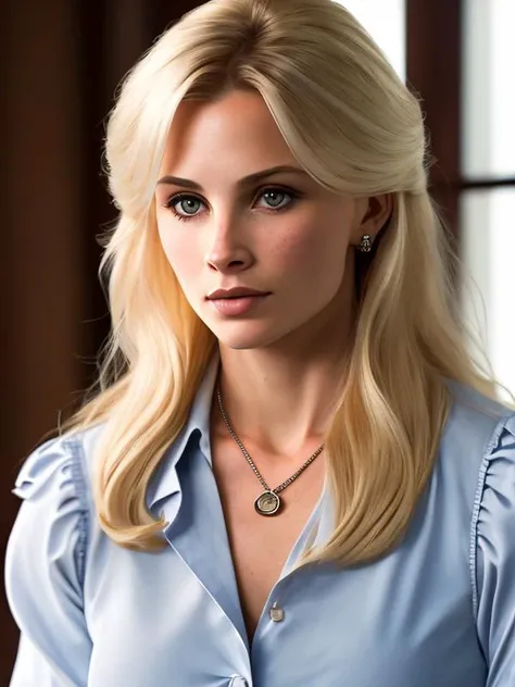 photo of long haired blonde (TriciaPoe:0.99) wearing a light blue blouse, with a navy vest, with a statement necklace,  detailed face, realistic skin, high quality, (brown eyes:1.1), Leica 50mm, f1. 4, natural light, grainy, (high detailed skin:1.2)