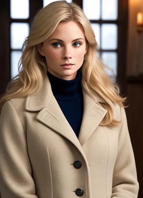 studio photo of long haired blonde (TriciaPoe:0.99) wearing a Grey wool coat, black turtleneck, with a khaki pants,  detailed face, realistic skin, high quality, blue eyes