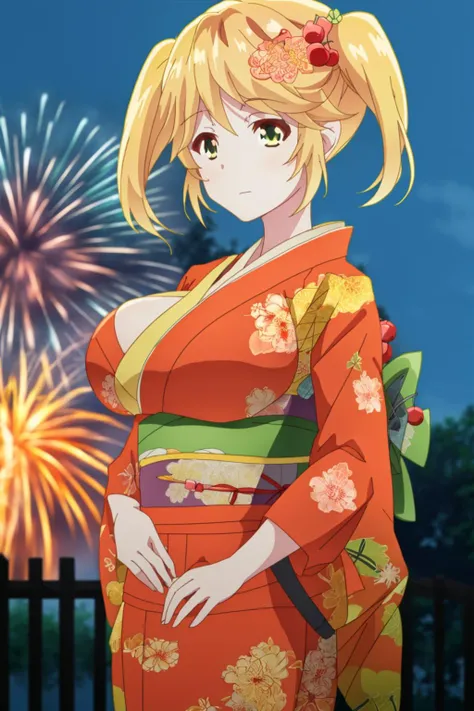 <lora:Tarte - [The Worlds Finest Assassin] - SD 1.5 v1:1>, sysdeep_tarte, solo, breasts, short hair, large breasts, closed mouth,twintails, cherry hair ornament, standing, night, fireworks, kimono, festival, lights