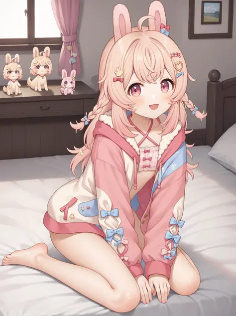 anime girl sitting on a bed with a bunch of stuffed animals