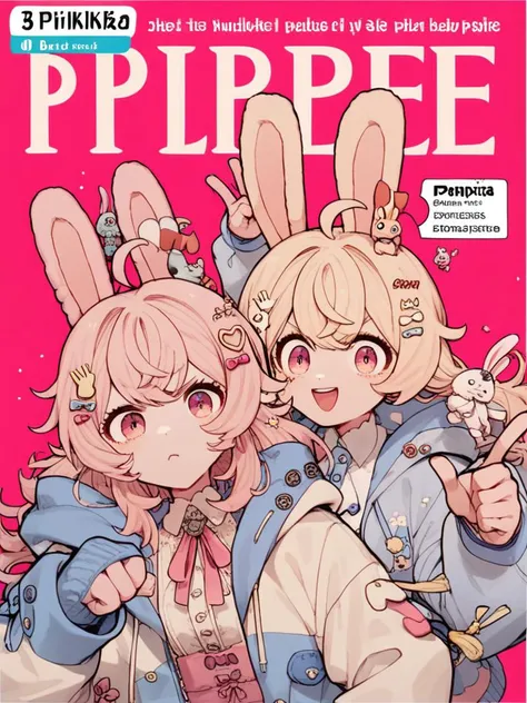 a magazine cover with two girls in bunny ears and a man in a blue jacket