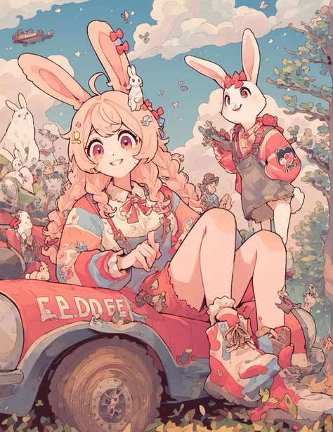 anime characters sitting in a car with a bunny on the back