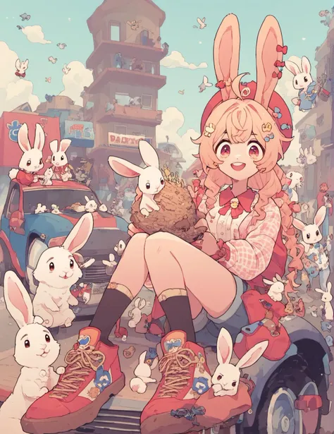 anime girl sitting on a car with bunnies and bunnies in her lap