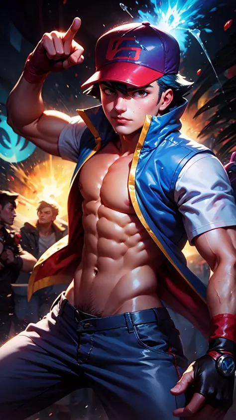 <lora:GoodHands-beta2:0.8>
 <lora:pokemon_ashketchum-10:0.8> pokemonketchum, red baseball cap, blue jacket, sleeveless jacket, shirtless, short sleeves, pants, fingerless gloves, 1boy, 25 year old, young adult, muscle, looking at viewer, 
 <lora:[Artwork S...