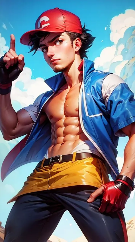 <lora:GoodHands-beta2:0.8>
 <lora:pokemon_ashketchum-10:0.8> pokemonketchum, red baseball cap, blue jacket, sleeveless jacket, shirtless, short sleeves, pants, fingerless gloves, 1boy, 25 year old, young adult, muscle, looking at viewer, 
 <lora:[Artwork S...