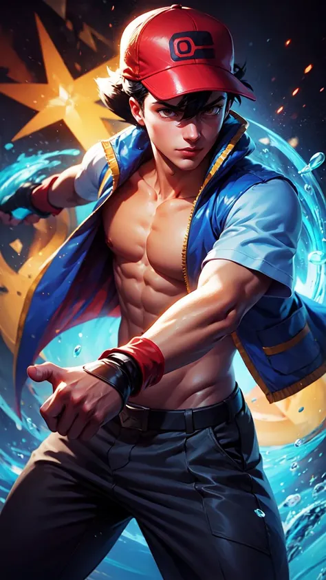 <lora:GoodHands-beta2:0.8>
 <lora:pokemon_ashketchum-10:0.8> pokemonketchum, red baseball cap, blue jacket, sleeveless jacket, shirtless, short sleeves, pants, fingerless gloves, 1boy, 25 year old, young adult, muscle, looking at viewer, solo, 
 <lora:[Art...