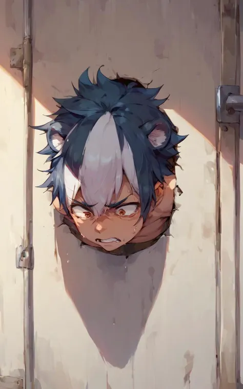 anime boy with blue hair and black eyes peeking out of a door