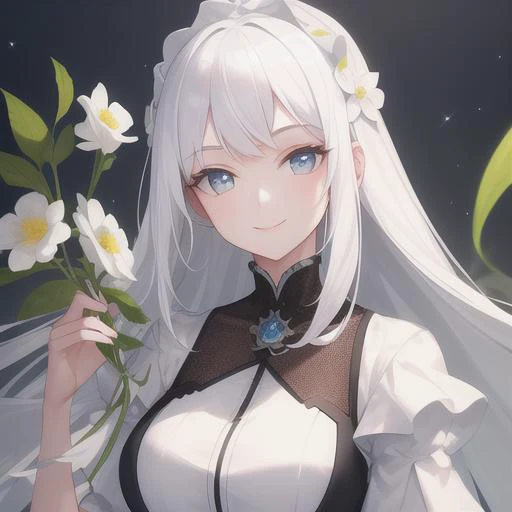 anime girl with white hair and blue eyes holding a flower