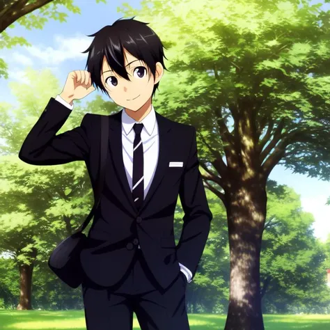 <lora:kanda_v3:0.7>a tongren boy, black hair, solo, best quality,  wearing casual suit,  sunshine, under the tree, closeup