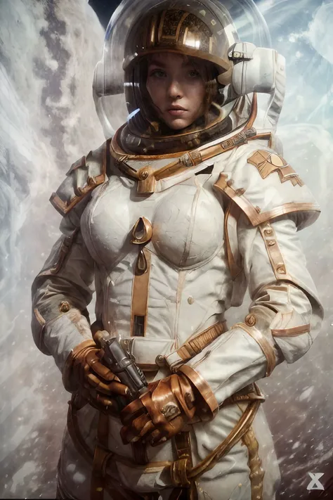 1girl, (photographic:1.3), (RAW photo:1.3), (ultra wide lens:1.3), (far shot:1.3), (selfie shot:1.3), ((sydsweeney97)), (an astronaut taking selfie floating on space:1.4), soldier, spacesuit, rifle, fighting, war, battle, (helmet on:1.3), (infinite space b...