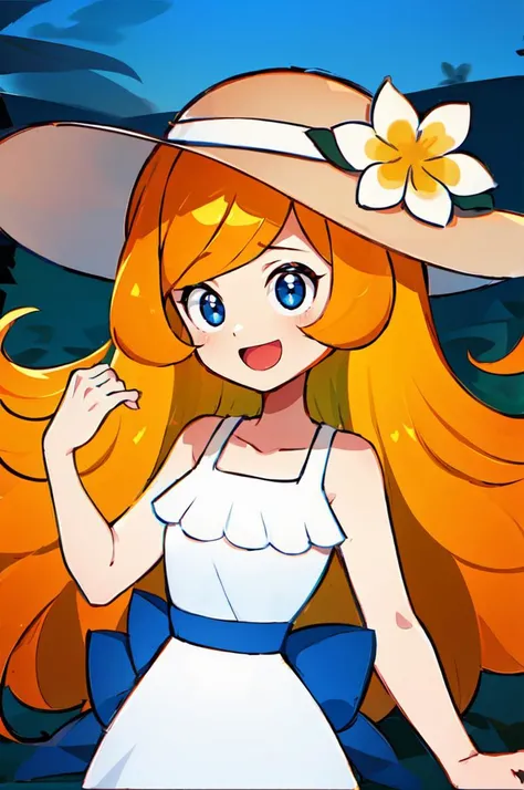 <lora:MonaMarioWare:1> 1girl, blue eyes, solo, orange hair, smile, dress, long hair, smile, open mouth, hat, dress, bow, ribbon, upper body, flower,  outdoors, sleeveless, white dress, , sleeveless dress, white flower, sun hat, hat flower, sundress, ultra ...