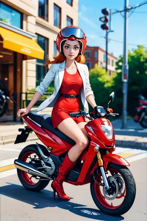 1girl, red motorcycle helmet with goggles, long orange hair, blue eyes, dress, labcoat, red dress, red boots, looking serious, smirk, dynamic shot, 
sitting, on motorcycle, white moped, outside, city, street, high quality, masterpiece, <lora:MonaMarioWare:...