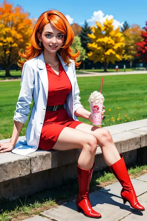 1girl, long orange hair, blue eyes, dress, labcoat, red dress, red boots, looking at viewer, smiling, 
sitting, on stone bench, holding a milkshake, outside, park, field, autumn, blue sky, high quality, masterpiece, <lora:MonaMarioWare:.7>