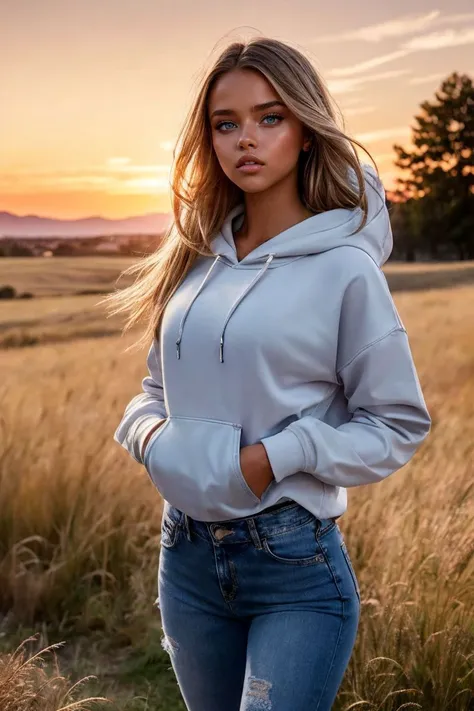 a woman in a white hoodie standing in a field