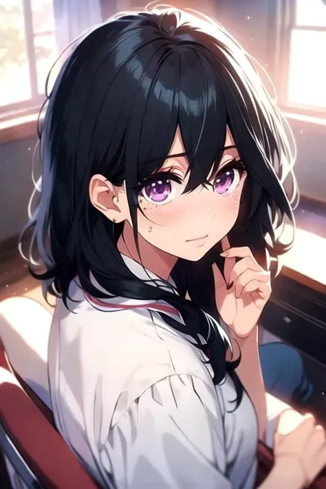 masterpiece, best quality, game cg, 1girl, solo, looking at viewer, , , <lora:miyako_godai:0.70>, miyako_godai, black hair, purple eyes, , ,