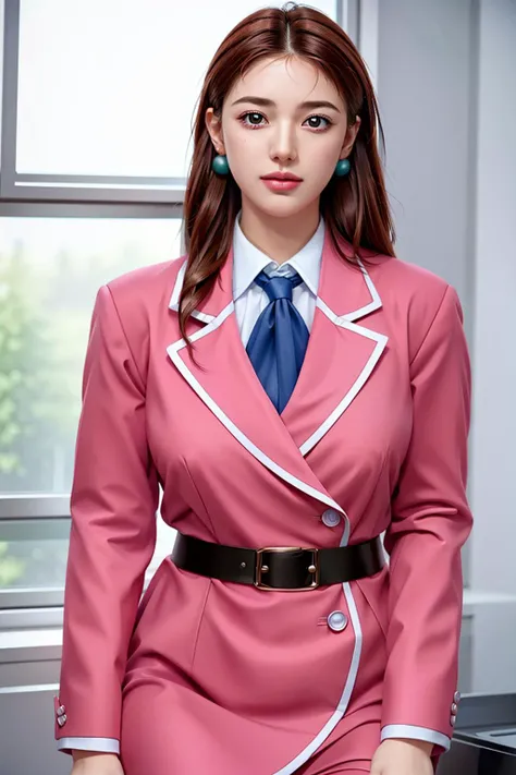 a close up of a woman in a pink suit and blue tie