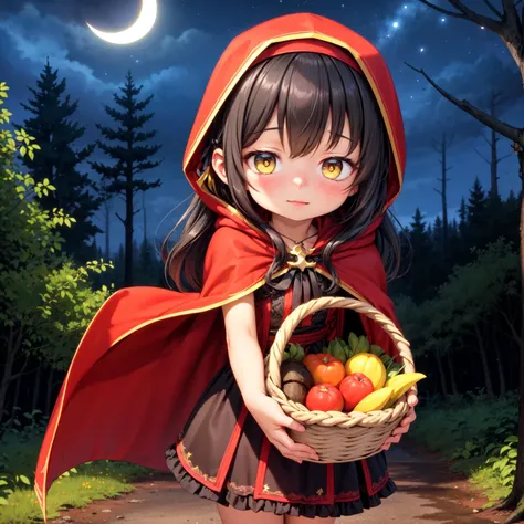 anime girl in red riding hood holding basket of fruit in forest