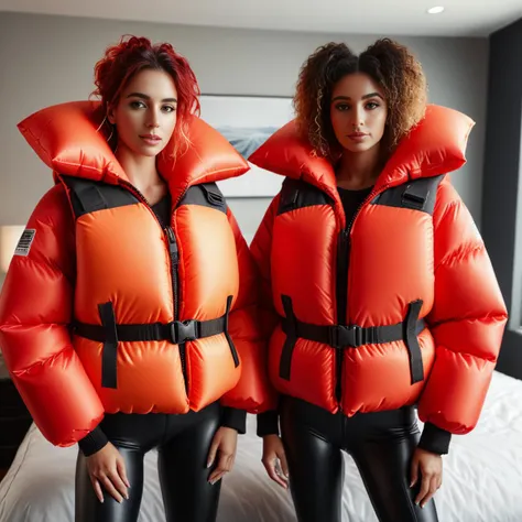 two women wearing orange jackets and black pants standing on a bed