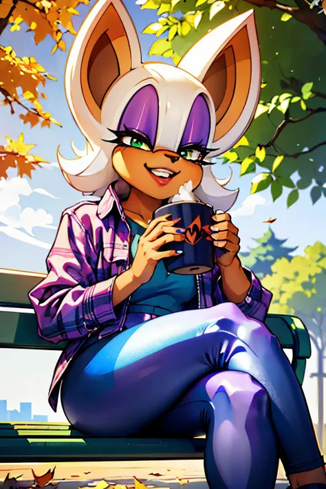 rouge the bat, furry,animal ears,green eyes, make up, white hair, wearing a purple flannel jacket, black leggings, looking at viewer, smiling, happy, mouth open, 
sitting, crossing legs, bench, holding a coffee cup, from_nelow,outside, park, trees, autumn,...